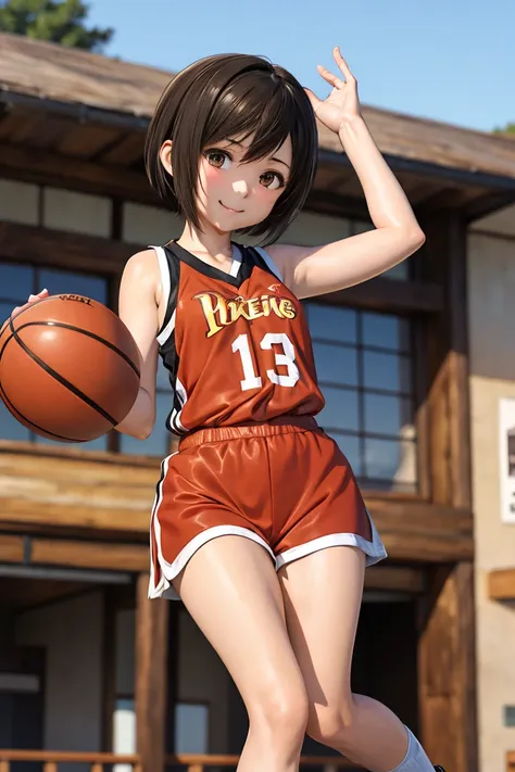 yuffie kisaragi、one woman、brown hair、asymmetrical bangs、small waist、thin legs、smile、basketball uniforms、dribble