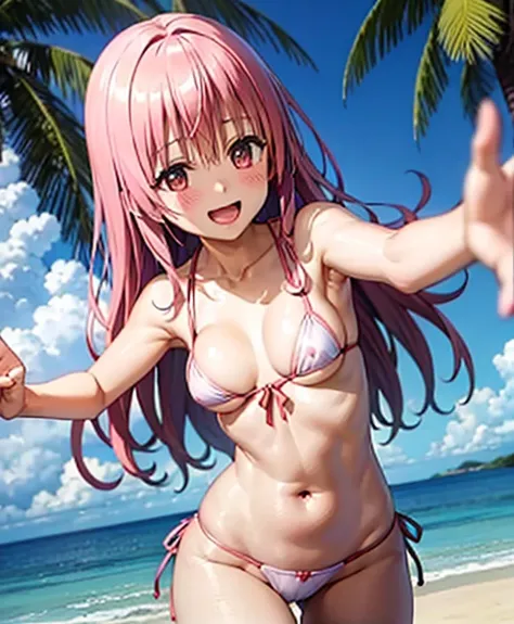 (Highest quality), (masterpiece), high resolution, Realistic texture, close,Beach、Extremely small sexy micro bikini、２people、
, momo velia deviluke　&　yuuki mikan、 Playing innocently、,, (Big Breasts),  , ,  (blush:1.2), smile,smile、Open your mouth、yuuki mika...