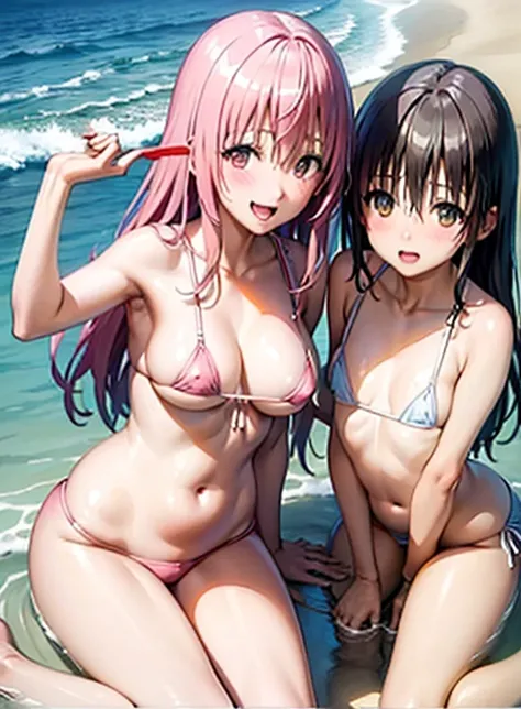 (Highest quality), (masterpiece), high resolution, Realistic texture, close,Beach、Extremely small sexy micro bikini、２people、
, momo velia deviluke　&　yuuki mikan、 Playing innocently、,, (Big Breasts),  , ,  (blush:1.2), smile,smile、Open your mouth、yuuki mika...