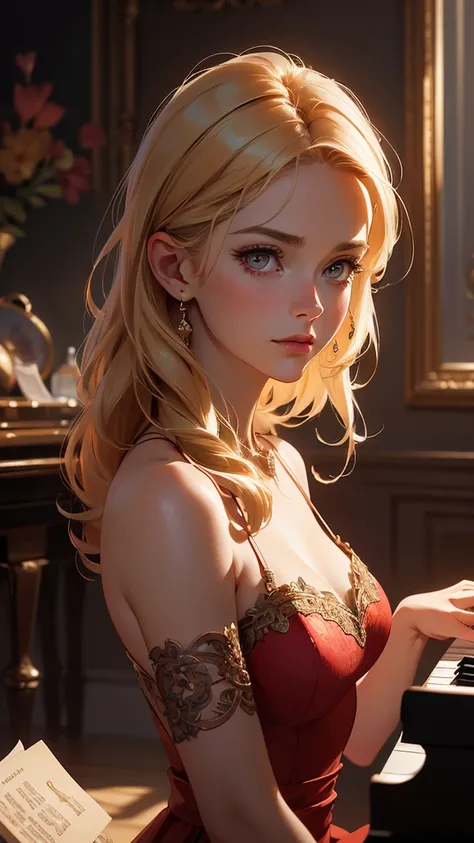 hyper realistic image of the highest quality, the perfect masterpiece, perfect work of art, 8k, a beautiful young woman in a red dress, dress with a low neckline, blonde hair, upturned nose, is playing the piano on a bright stage, realistic oil painting, d...