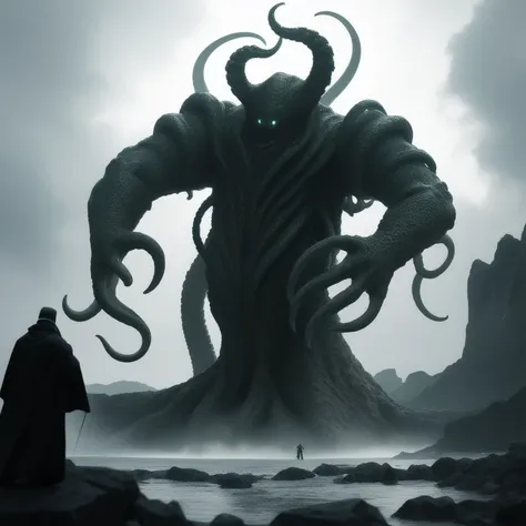 wide shot, action, epic composition, photo of the tallest (cthulhubishop:1) from lovecraft&#39;s order of cthulu