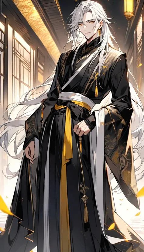 Handsome, solo, 1 male, long hair, white hair, yelow eye, wearing a black Hanfu, black and white Hanfu,