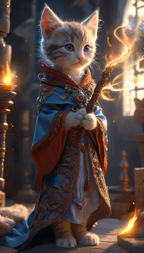 A captivating image depicting an adorable kitten wizard in intricate ancient robes, Embracing an ancient wand, Working hard in a fantastic workshop, Intricate runes swirl around her, She&#39;s clearly busy casting a powerful spell.. Fluffy tail sways gentl...