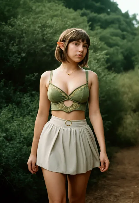 analog film photo, photo of a young elven girl, 18 years old, elf ears, honey eyes, shaggy brunette bob cut, tan complexion, tall stature, voluptuous hourglass figure, busty bosom, full hips, plump round buttocks, wearing a bralette and an asymmetrical min...