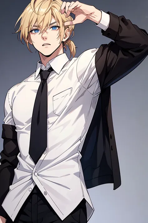 anime attractive man, muscular, 20 year old, blond hair in a very, very short ponytail, black pants, white button down with a ti...