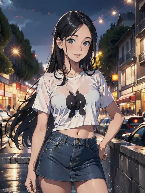 1 person,(Black Hair Semi-Long)(Beautiful Hair), actress, smile, Glowing Skin, Highest quality, masterpiece, (Realistic:1.4), Terrace seats, Europe, France, Paris, Denim mini skirt (Realistic Fabric), White short sleeve (Cotton), (No logo), Thin fingers