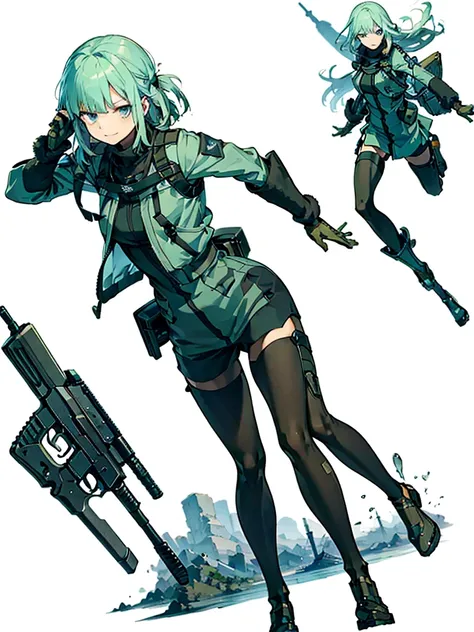 Empty City, A town above the clouds, Sky City,Black Eye,with long green hair,Green combat suit, Attention, Holding_gun, assault_rifle, Very detailed, Anime Style, whole body, alone, Stylish Gunfighter Girl, スチームパンクの長gun身ピストルを持っている