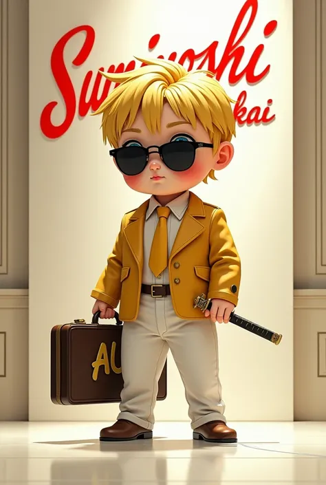 Create realistic 3rd image of chubby young boy blonde hair wearing Mafia outfit color gold and white combination with sunglasses, Samurai on their hand and handle a suitcase name "AU " 3rd Curve style on it.becareful on the spelling on each letter .and the...