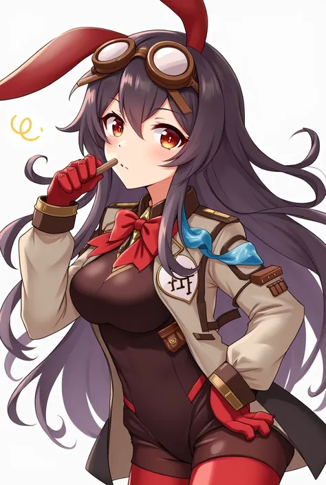 https://genshin-impact.fandom.com/wiki/Amber She have a dark brown hair and wears a red bow that is shaped like a bunny ears, brown pilot goggles, two small bags with leather belts, a red and brown glove, a Pyro sigil emblazoned on the red and orange ribbo...