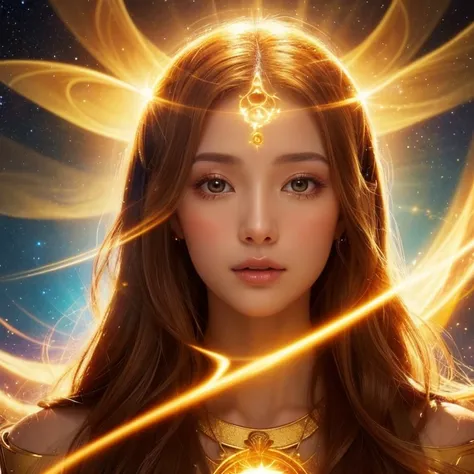 Close-up of a woman wearing a golden dress、The background is shining with a halo.、Abstract images, Beautiful Celestial Magician, Heavenly Goddess, Golden ethereal light, Fantastic fantasy, Beautiful Fantasy Empress,, Goddess of space and time, Shining gold...