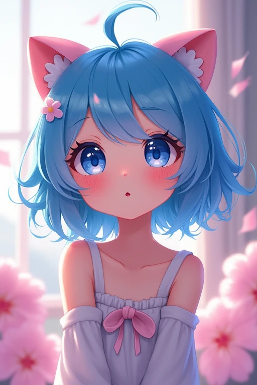 Adorable kawaii anime girl with blue hair, big sparkly eyes, pastel colors, soft lighting, by Sakimichan and Nekopara team, digital painting style