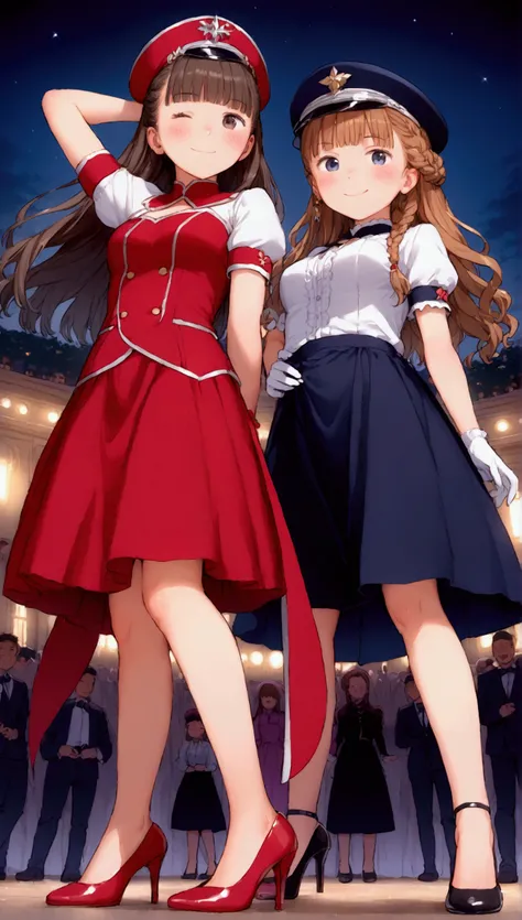 {Highest quality}, {Super beautiful},{Ultra fine},{Best illustration},Brown Hair,Hime cut,Braid,long hair,Two Women,Standing Woman,Strike a pose,Adult women,smile,Ecstasy face,Wink,Blushing,Uniform cap,White shirt,Short sleeve,Black long skirt,White gloves...