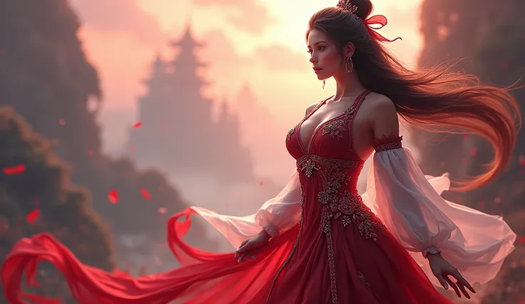 Indonesia as a south east asian curvy female League of Legend creature in carmine red and white colors. Intricated clothing. Cinematic Fantasy sci-fi landscape background