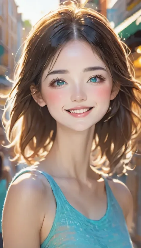 Highly detailed face, ((Drop your eyes)), cute, Vibrant colors, Soft natural light, Bokeh effect. Summer, Perfect Makeup, Professional photography, Street Snapshots, Vibrant colors, (smile, Laughter), 