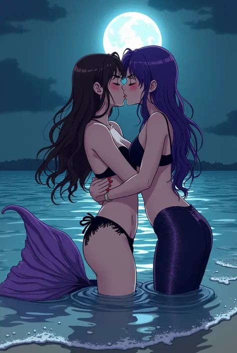 Anime Line Art a young brunette teenage delinquent girl wearing black ripped lingerie is being seduced and kissed by a statuesque female mermaid with violet colored hair and a dark purple fish tail while halfway submerged in the water on a beach at night 