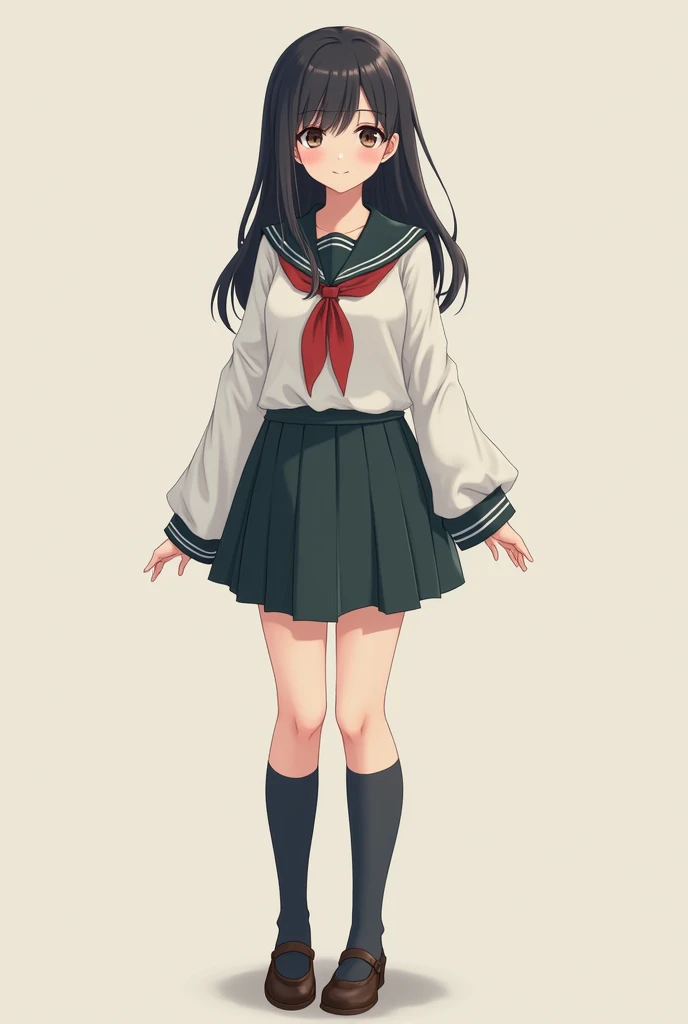 A girl in a Japanese school uniform with a short skirt, hanging sleeves, and long socks. Full body, shy appearance, large bust. 