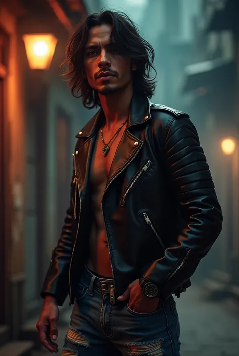 A Malay man .rock star in the 1990s, detailed portrait, intricate facial features, Malaysia timeline.wavy long hair, leather jacket, ripped jeans, dramatic lighting, moody atmosphere, gritty urban setting, cinematic composition, high contrast, vibrant colo...