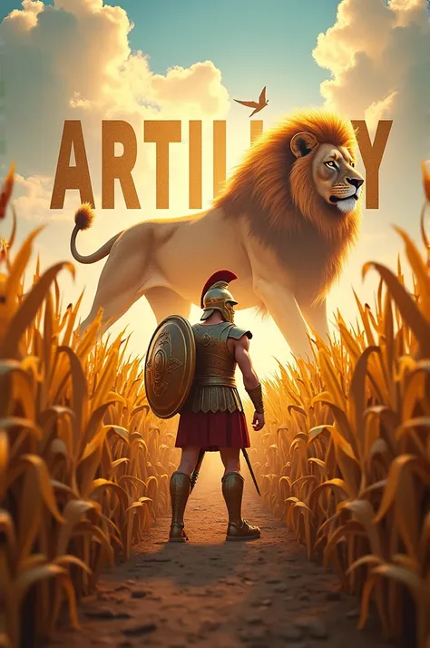 Create a 4D background with a lot of corn, a Spartan and a lion with the name Artillery in big letters and below the big letters Team Choclito  
