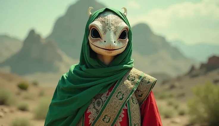 Iran as a middle east islamic League of Legend creature in green, white and carmine red. Intricated clothing. Cinematic Fantasy sci-fi landscape background