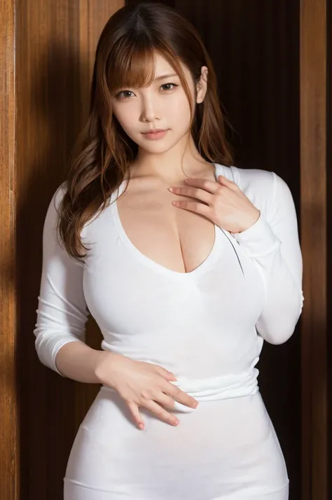 1girl, akariniimura_jav, breasts, brown eyes, long hair, dynamite lighting, looking at viewer, wearing white uniform, staff id card, folding hands, detailed body, attractive body, muscular:0.2, fit, perfect human body, medium breasts:1.3, (ultimate quality...