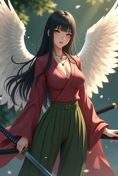 An anime Japanese woman wearing a traditional kimono, with yellow eyes, black hair, transparent white wings behind her, a maroon colored garment, olive green hakama, long hair parted in the middle, large breasts, a sword sheathed on her left hip, and a smi...