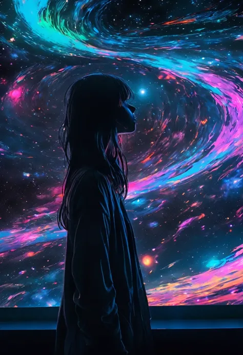 (Highest quality, sketch:1.2), Spectacular and realistic,(Super detailed support),Illustrator,anime,1 person, Detailed lips,custom, Gradient Background,Neon Hair,Texture Cropping, masterpiece, anime, Woman standing and staring at a black hole, Fantasy Worl...