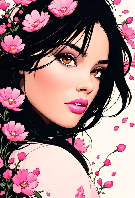 midjourney, mj, midjourney style, poster, light background, close-up, a woman black hair, brown eyes, pink flowers