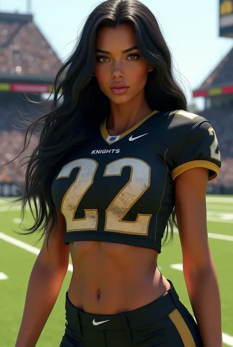 A photo of Emma Hughes, a quarterback for the female UCF Knights football team. Number 22. Very tall, very busty, very long black hair, Caucasian.