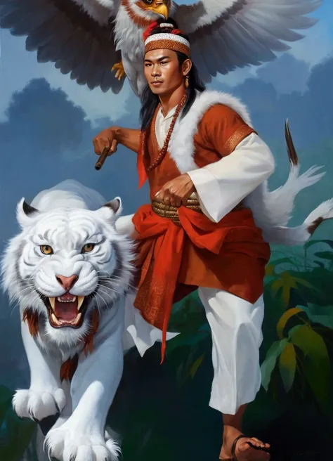 painting of an indonesian handsome and muscular man holding a kujang a traditional indonesias weapon in his hand and using a traditional sundanese mens clothing  with a white tiger and an eagle 