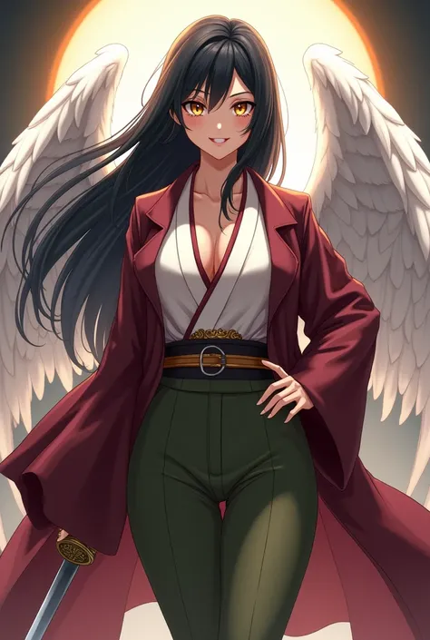 Anime Japanese woman in a kimono, with yellow eyes, black hair, transparent white wings behind her, a maroon jacket, olive green pants, long hair parted in the middle, large breasts, a sword sheathed on her left hip, smiling.