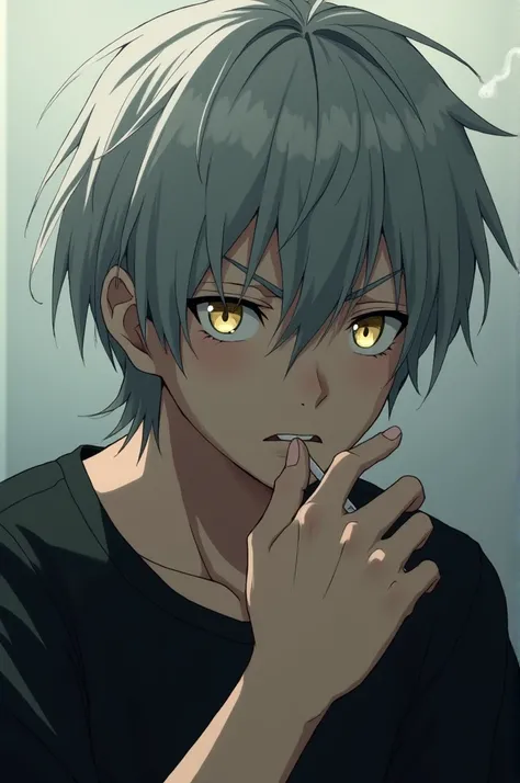 Anime boy with gray hair, medium long, black shirt, honey eyes, bored face while smoking a cigarette