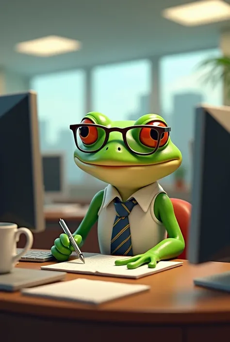 Animation of a frog working as an office worker journalist