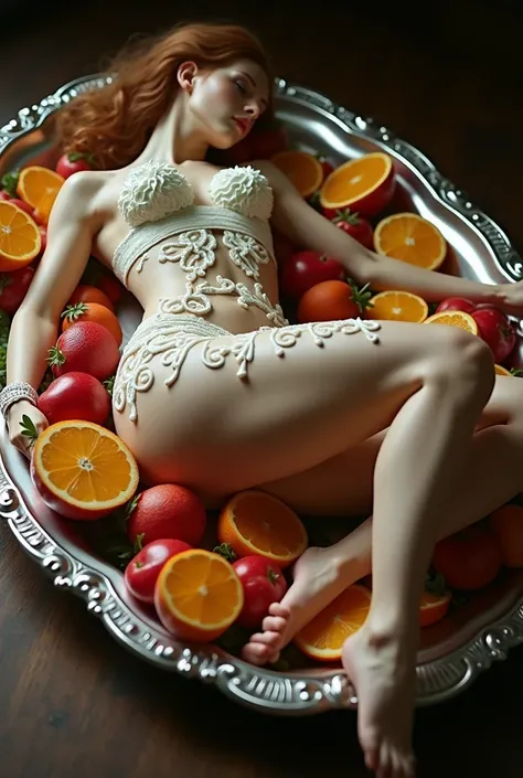 (A very beautiful naked female body with whipped cream applied in the shape of underwear: 1.9), (Knees bent, thighs raised, legs spread, showing soles of feet: 1.5), (Lying on her back on a large silver tray decorated with cut fruit and whipped cream: 1.2)...