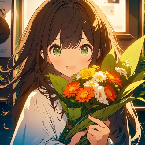 A boyish girl with long dark brown hair and green eyes、Highlight on eyes、celebration、bouquet、Detailed facial expressions、smile、whole body、Uplifting