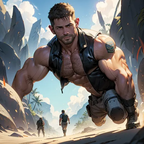 NSFW, An award-winning original photo, 1 man, solo, ((41 year old)), Chris Redfield, ((daddy TOTALLY NAKED, SHOWING A SERIOUS COCK )) , ( A BROWN LEATHER VEST ), (BROWN BOOTS ), muscular male, tall and hunk, biceps, abs, SMILING face, best quality, masterp...