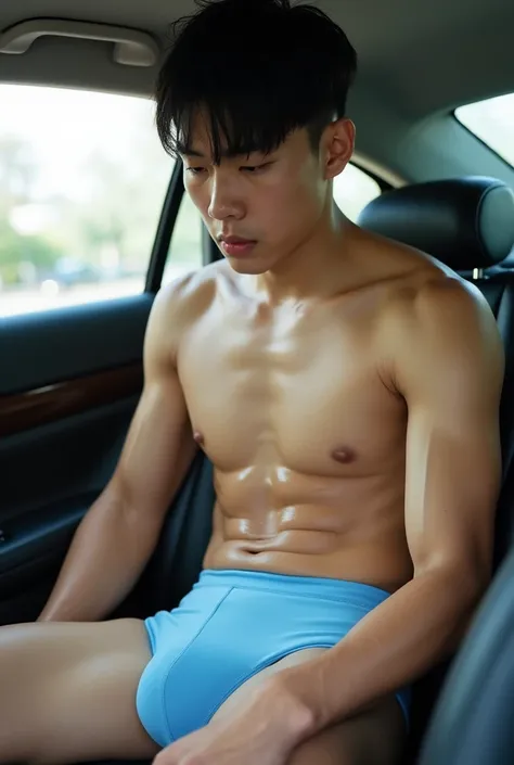 Shirtless Korean boy in light blue boxers super tight shiny panties sitting in a car with his penis marked and wet 