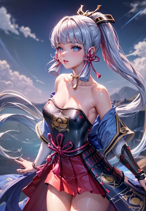 ((masterpiece)),(bestquality),((ultra-detailed)), ((beautiful detailed sky)), ((cinematic lighting)), depth of field, (dynamic angle),detailed lighting,((beautiful detailed eyes)), (night sky view), red lip, eyeshadow,large breast, cleavage, ((wearing tiny...