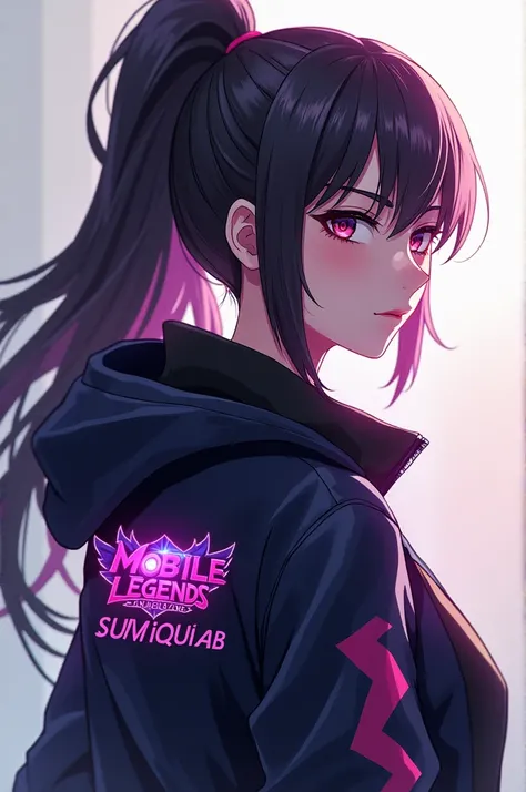 Anime woman with no bangs, facing back with side head wearing jacket with logo of mobile legends bang bang and with my last name SUMIQUIAB