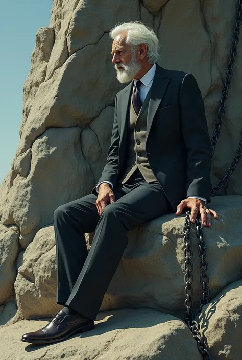 A gentleman with white hair sitting on a large rock with chains