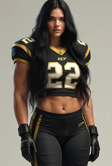 A photo of Emma Hughes, a quarterback for the female University of Central Florida Knights football team. Number 22. Very tall, very (colossal breasts:1.5), very long black hair.