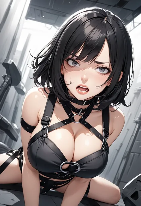 detailed illustration, dynamic angle, ultra-detailed, illustration, 1girl, 26 year old, straight black hair, medium hair, deranged gray eyes, cleavage, large breasts, narrowed eyes, deranged expression, bondage harness, strap on