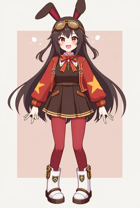 https://genshin-impact.fandom.com/wiki/Amber She have a dark brown hair and wears a red bow that is shaped like a bunny ears, brown pilot goggles, two small bags with leather belts, a red and brown glove, a Pyro sigil emblazoned on the red and orange ribbo...