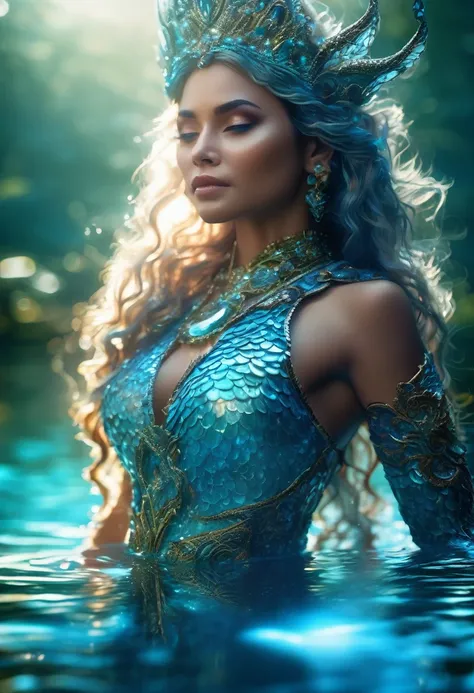 Enchanting water spirit, mysterious pond, realistic, intricately crafted tiara, rippling water, scaly skin, glittering sunlight, light blue armor, dramatic angle, extreme angle shot, soft focus, epic fantasy, ultrarealistic 8k, high quality, realistic, Cam...