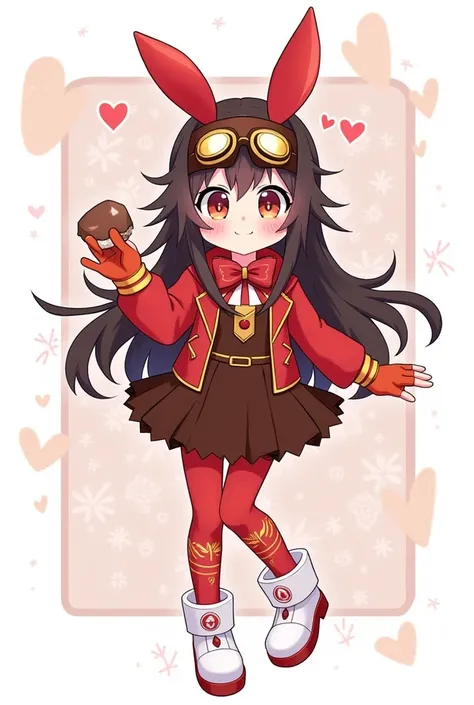 https://genshin-impact.fandom.com/wiki/Amber She have a dark brown hair and wears a red bow that is shaped like a bunny ears, brown pilot goggles, two small bags with leather belts, a red and brown glove, a Pyro sigil emblazoned on the red and orange ribbo...