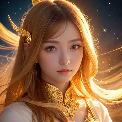 Close-up of a woman wearing a golden dress、Front facing、The background is shining with a halo.、Abstract images, Beautiful Celestial Magician, Heavenly Goddess, Golden ethereal light, Fantastic fantasy, Beautiful Fantasy Empress,, Goddess of space and time,...