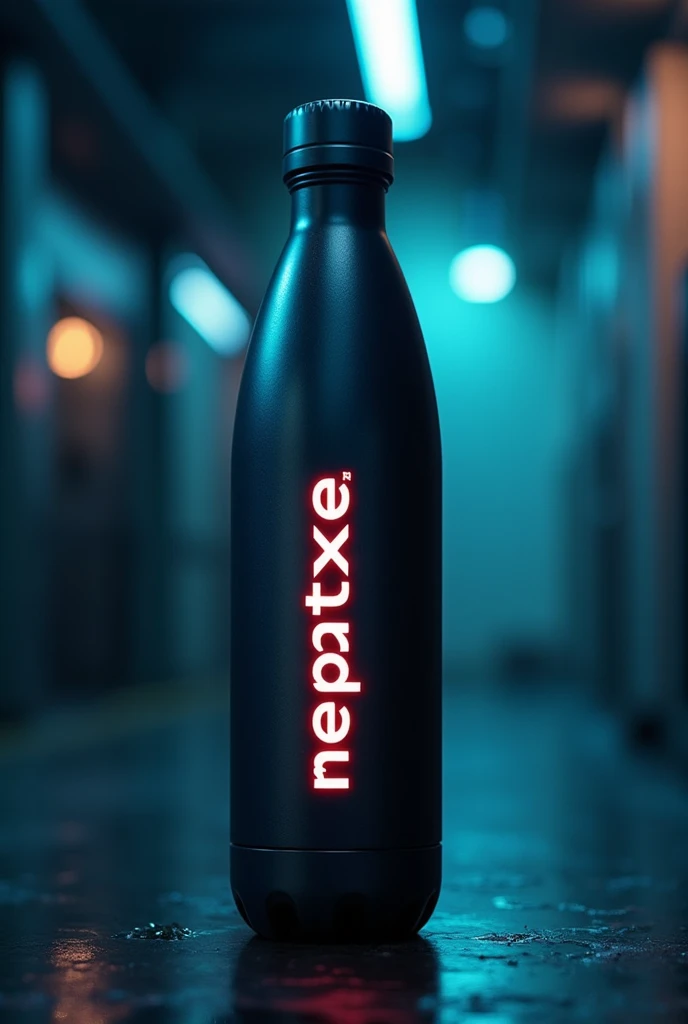 High-tech Water bottle, brand name mepatxe glowing taxt vertical, cinematic look, no transparent