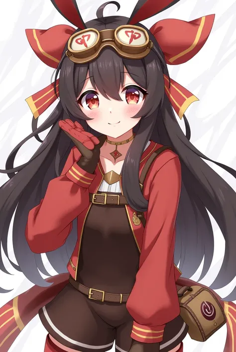 https://genshin-impact.fandom.com/wiki/Amber She have a dark brown hair and wears a red bow that is shaped like a bunny ears, brown pilot goggles, two small bags with leather belts, a red and brown glove, a Pyro sigil emblazoned on the red and orange ribbo...