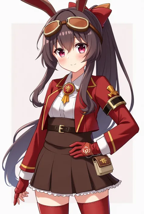 https://genshin-impact.fandom.com/wiki/Amber She have a dark brown hair and wears a red bow that is shaped like a bunny ears, brown pilot goggles, two small bags with leather belts, a red and brown glove, a Pyro sigil emblazoned on the red and orange ribbo...