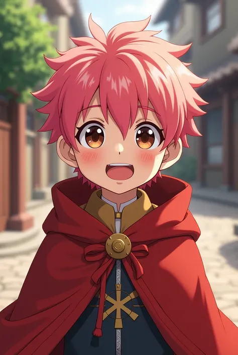 young boy, Smile, gojo satoru, uniform jujutsu with Red hood, brown eyes, pink hair, short hair, anime style jujutsu kaisen. 