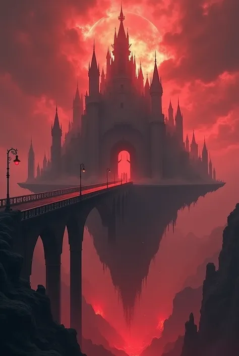 Photorealistic hellish sky and atmosphere with a massive demon castle sitting on a sort of floating island in the middle of the scene, tall pillars with arched features on a bridge pathway leading to the castle and hints of fire leaping from under the brid...